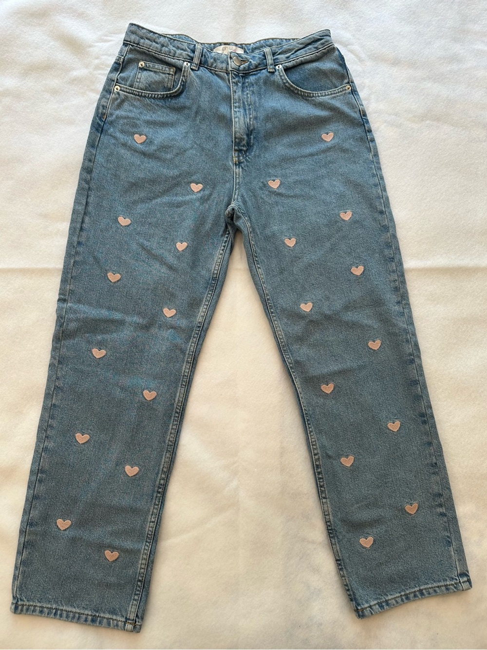 Francesca's Collections Blue Straight-Leg Jeans with Pink Heart Appliqués